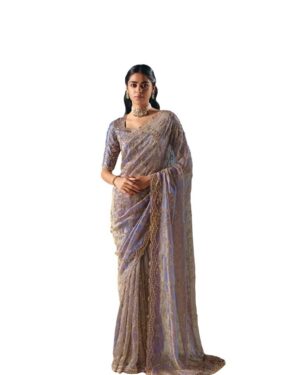 Lavender Organza Saree with Gold Embroidery, Half Sleeve Blouse