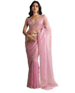 Fashion Pink Tissue Saree With All Over Stone Embellishment And Cutdana Scallop Border Tissue sarees for women Traditional Ethnic Wear Fashion Wear Wedding Collection