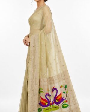 Bamboo Silk Cream Paithani Saree with Swan Motif Pallu and Floral Embroidery