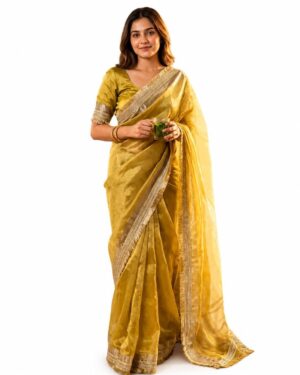 Yellow Organza Saree with Golden Zari Border and Matching Blouse, Traditional Indian Ethnic Wear