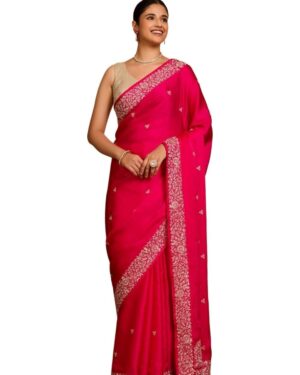 Women Pink Viscose Satin Embroidered Saree with Unstitched Blouse Piece (SAPP09AC5305-Pink)