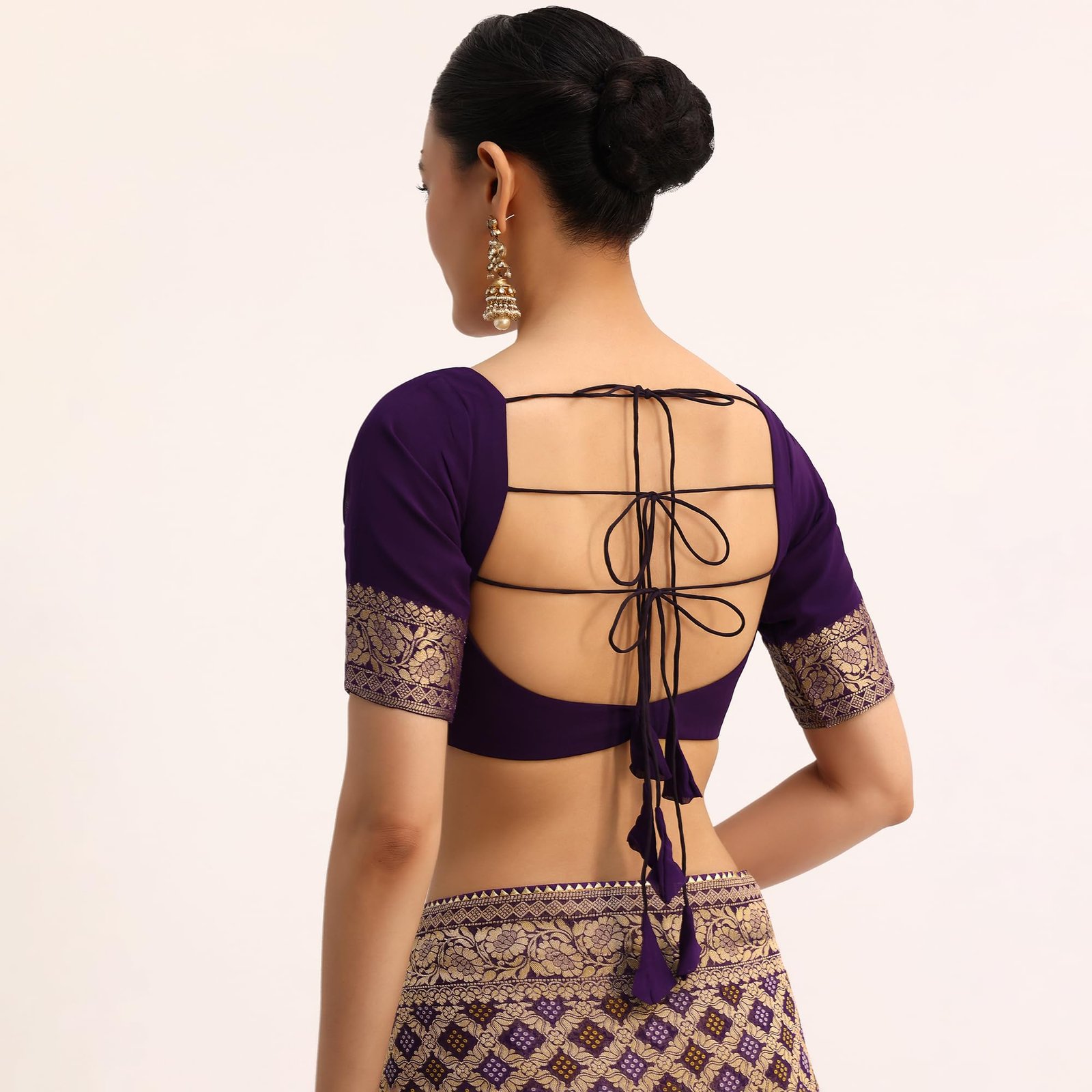 Fashion Purple Bandhani Tie Dye Ready To Wear Saree With Zari Jaal And Unstitched Blouse - Image 3