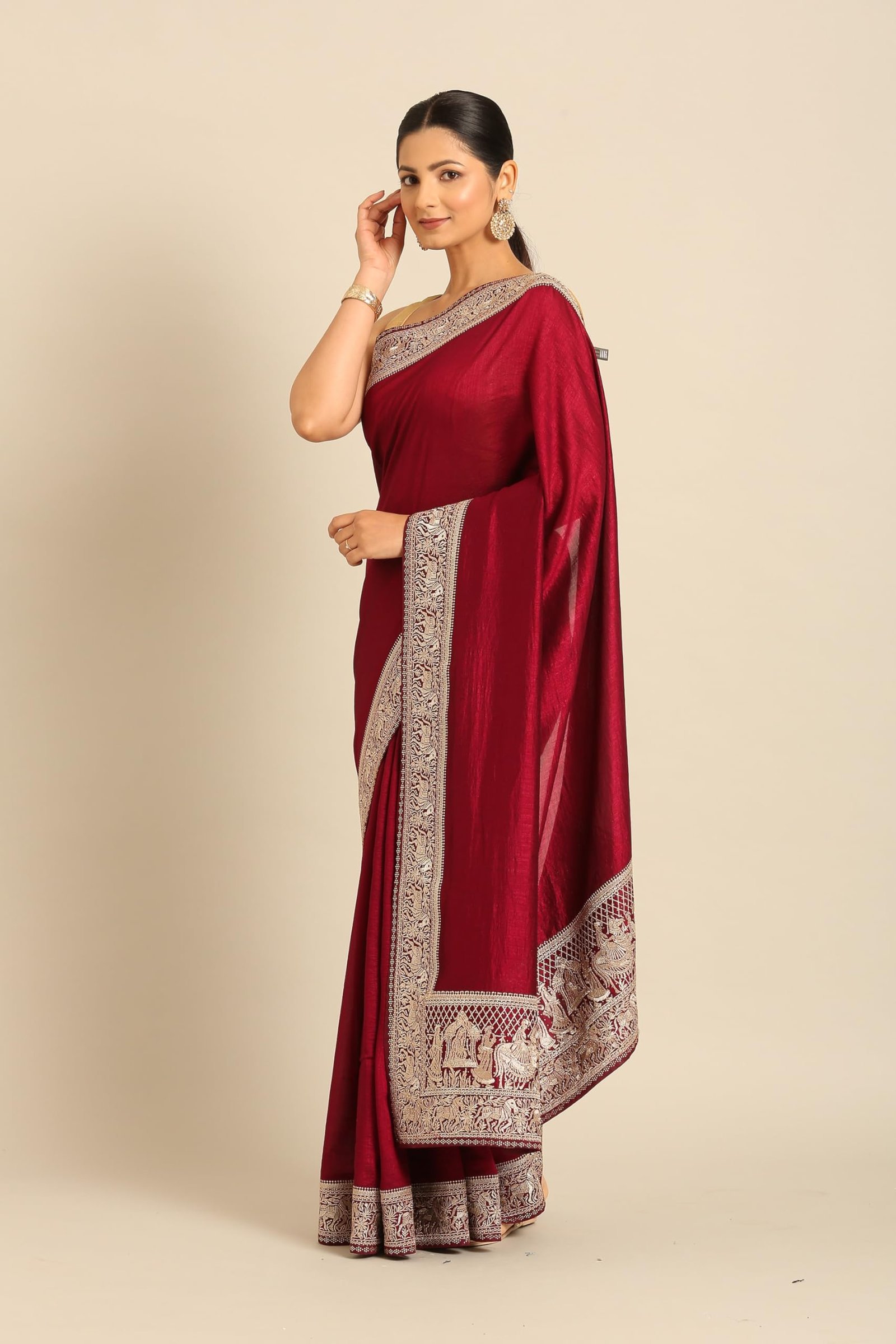 Women's Wine Chiffon Embroidered|Zari Saree - Image 5