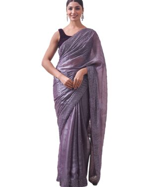 Saree, Boota, Jaal Bordered Sari for Women Hand Zardose Saree with Blouse Piece Organza (Purple)