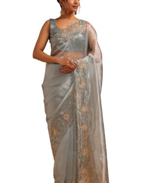 Womens Blue Organza Floral Saree With Cutdana