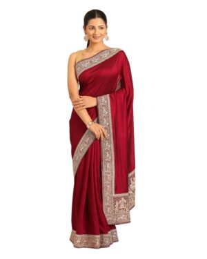 Women's Wine Chiffon Embroidered|Zari Saree