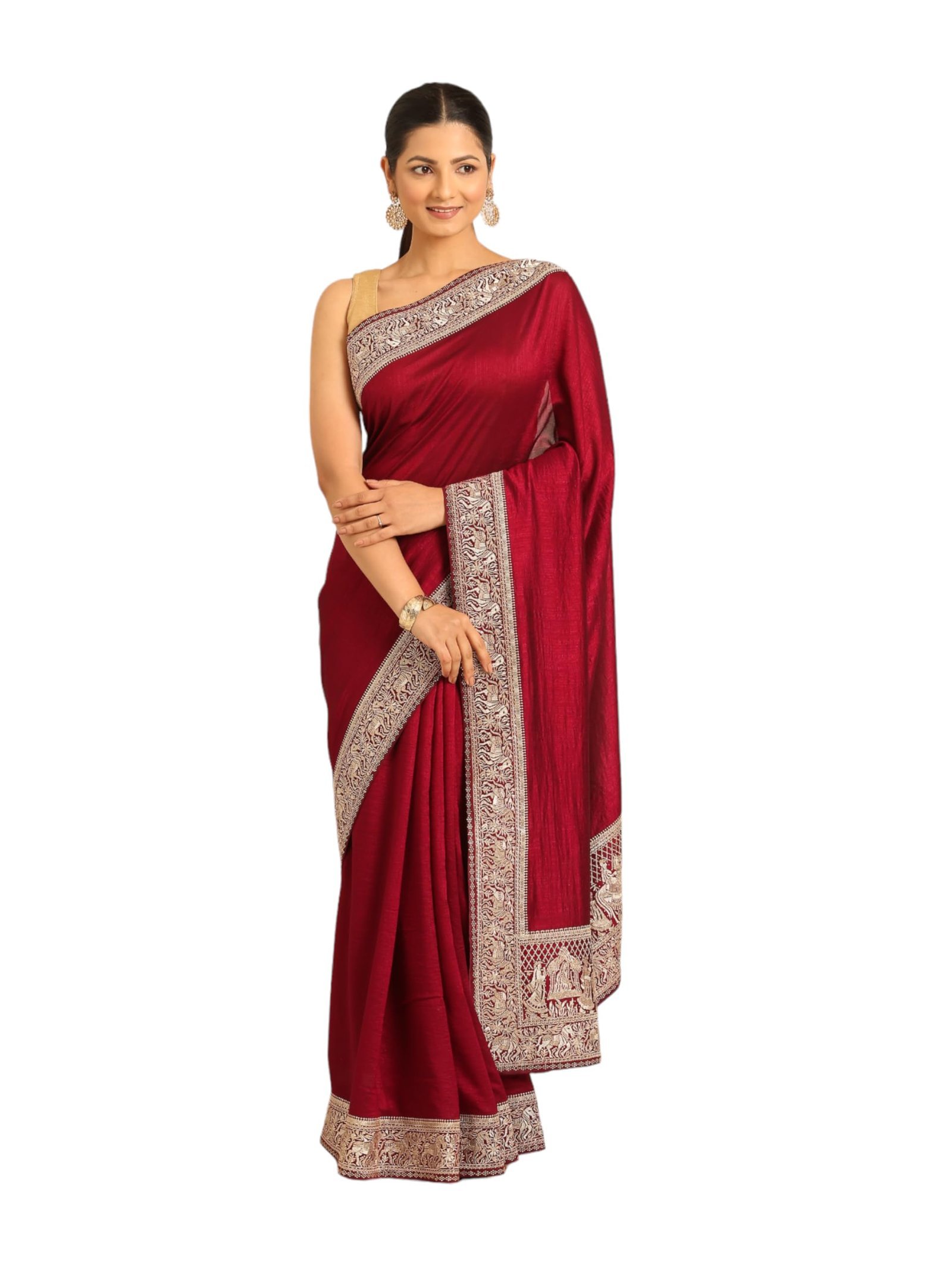 Women's Wine Chiffon Embroidered|Zari Saree