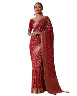 Fashion Red Banarasi Georgette Saree With Bandhani Weave And Unstitched Blouse Piece Georgette sarees for women Traditional Ethnic Wear Fashion Wear Wedding Collection