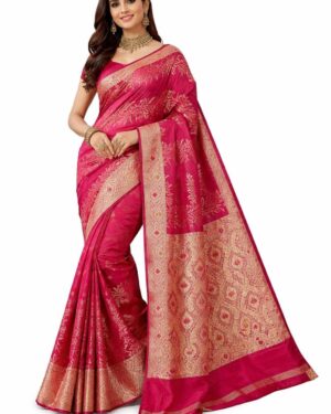 Kosha Silk Saree, Magenta with Gold Zari Woven Border and Floral Motifs (SALMON PINK)