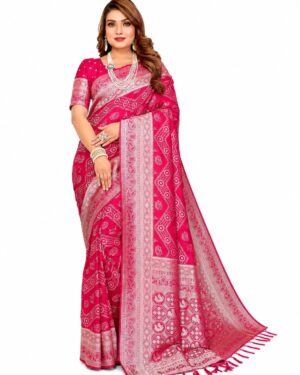 Women's Rani Pink Magenta Banarasi Art Silk Saree Traditional Bandhani Print Sari with Silver Zari Border and Unstitched Blouse Piece with Unstitched Blouse (10)