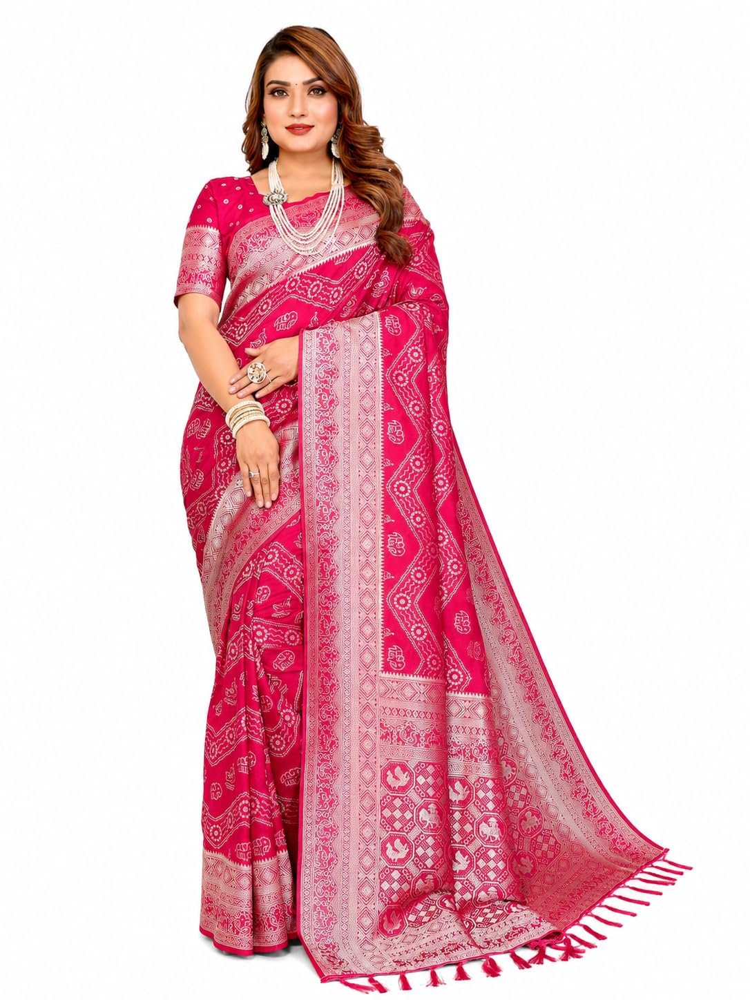 Women's Rani Pink Magenta Banarasi Art Silk Saree Traditional Bandhani Print Sari with Silver Zari Border and Unstitched Blouse Piece with Unstitched Blouse (10)