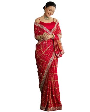 Fashion Red Bandhani Saree With Gota Work Satin sarees for women