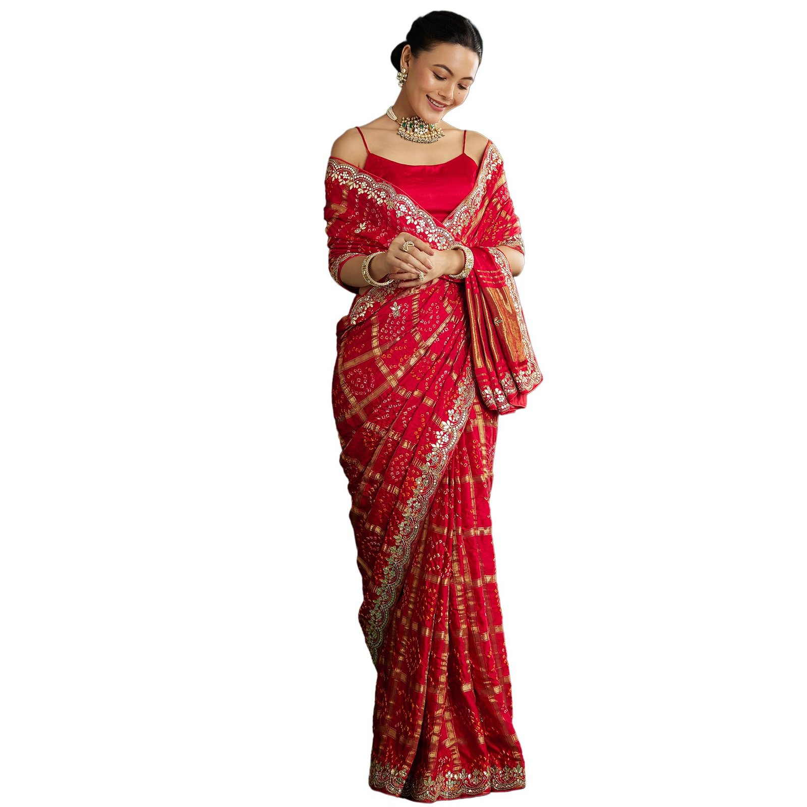 Fashion Red Bandhani Saree With Gota Work Satin sarees for women