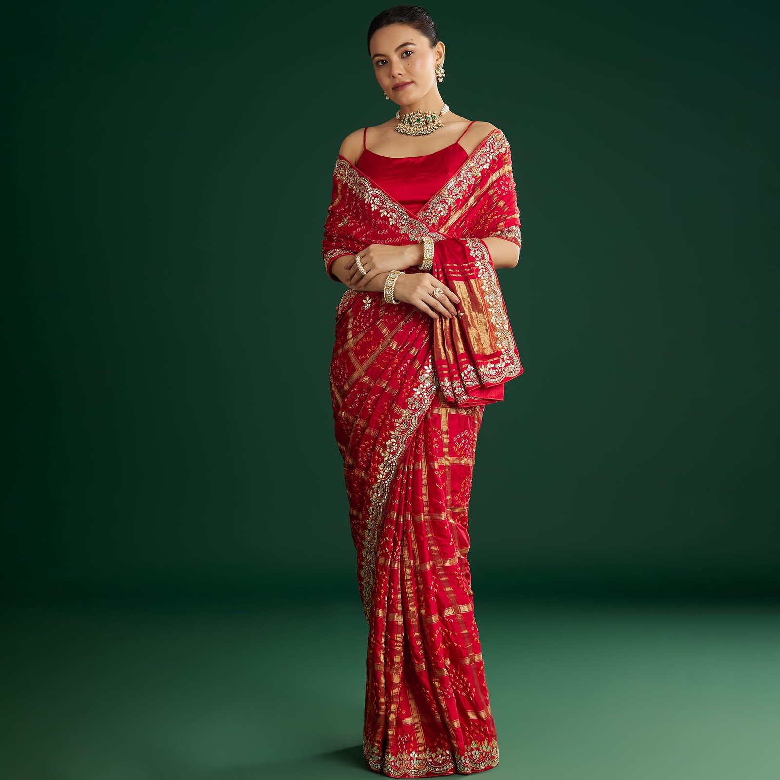 Fashion Red Bandhani Saree With Gota Work Satin sarees for women - Image 3