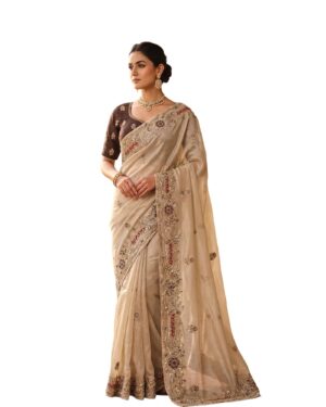 Eira's Ethnics Beige Embroidered Silk Saree with Floral Sequin Work
