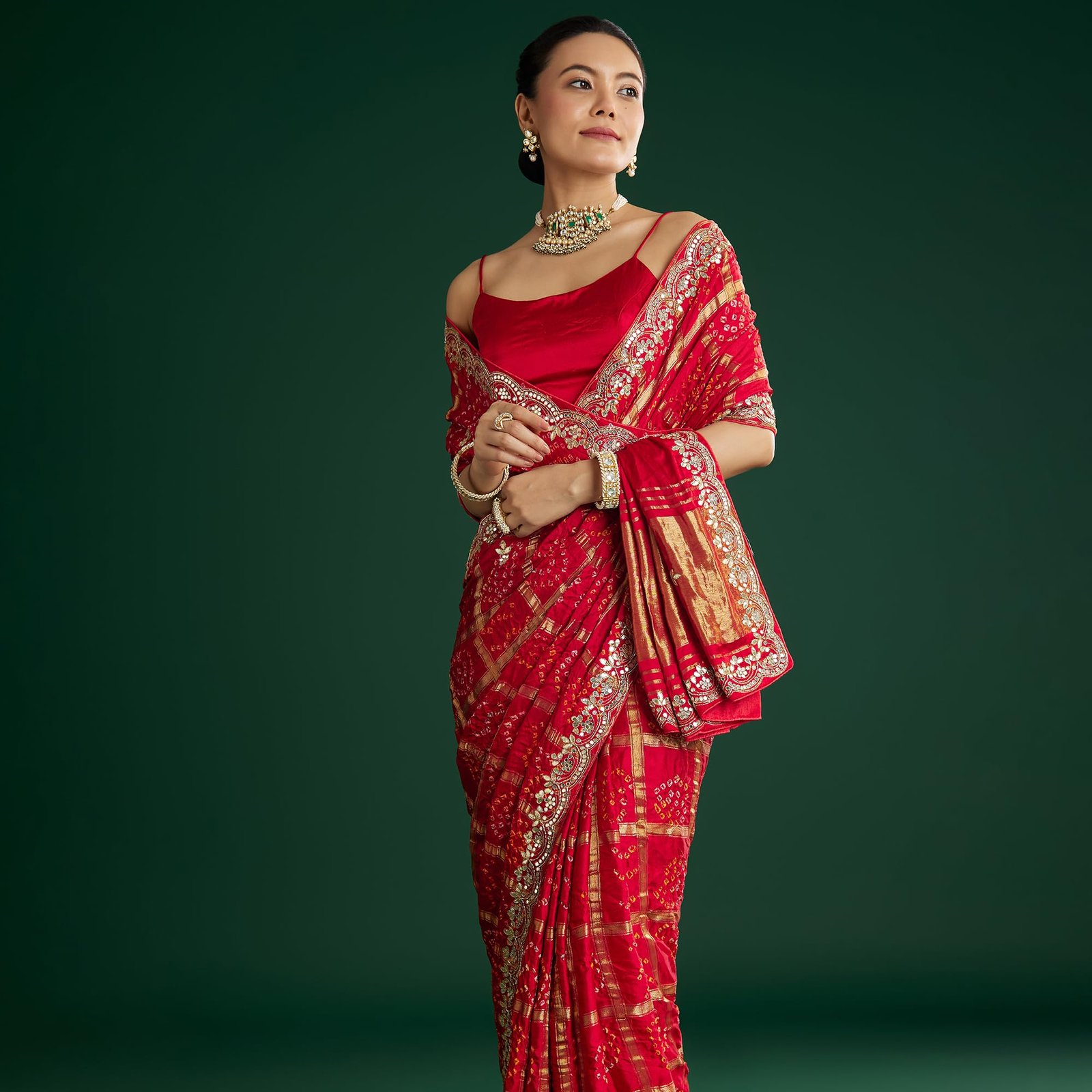 Fashion Red Bandhani Saree With Gota Work Satin sarees for women - Image 4