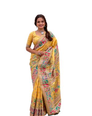 HOUSE OF KALHIR Women's Kanjivaram Soft Silk Gadwal Pattu Sarees With Zari Checks Weaving (yellow)