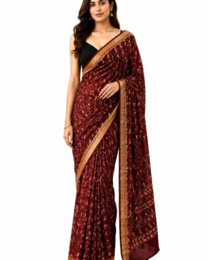 GOKULISH Office Wear Daily Wear Sarees For Women's Maroon Cotton Mulmul warli Printed Saree with Traditional Gold Border | Soft Lightweight Ethnic Saree with Unstitched Blouse Piece