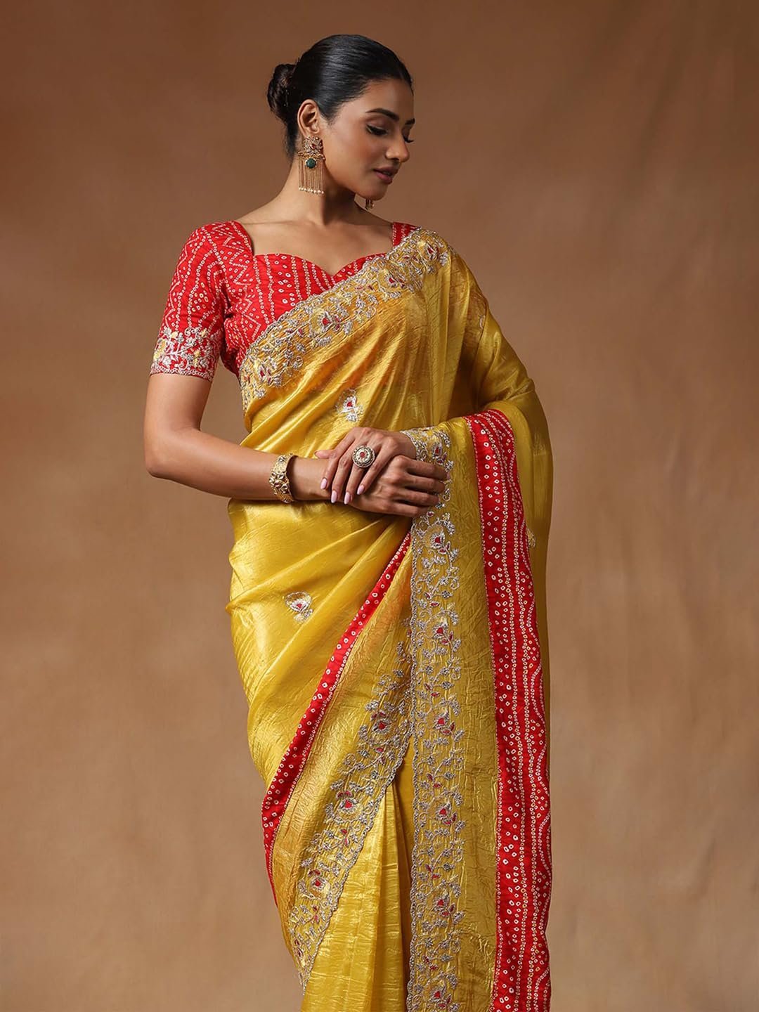 Women's Yellow Tissue Floral Printed Saree With Unstitched Blouse Piece (ANIKA1601_AG) - Image 4