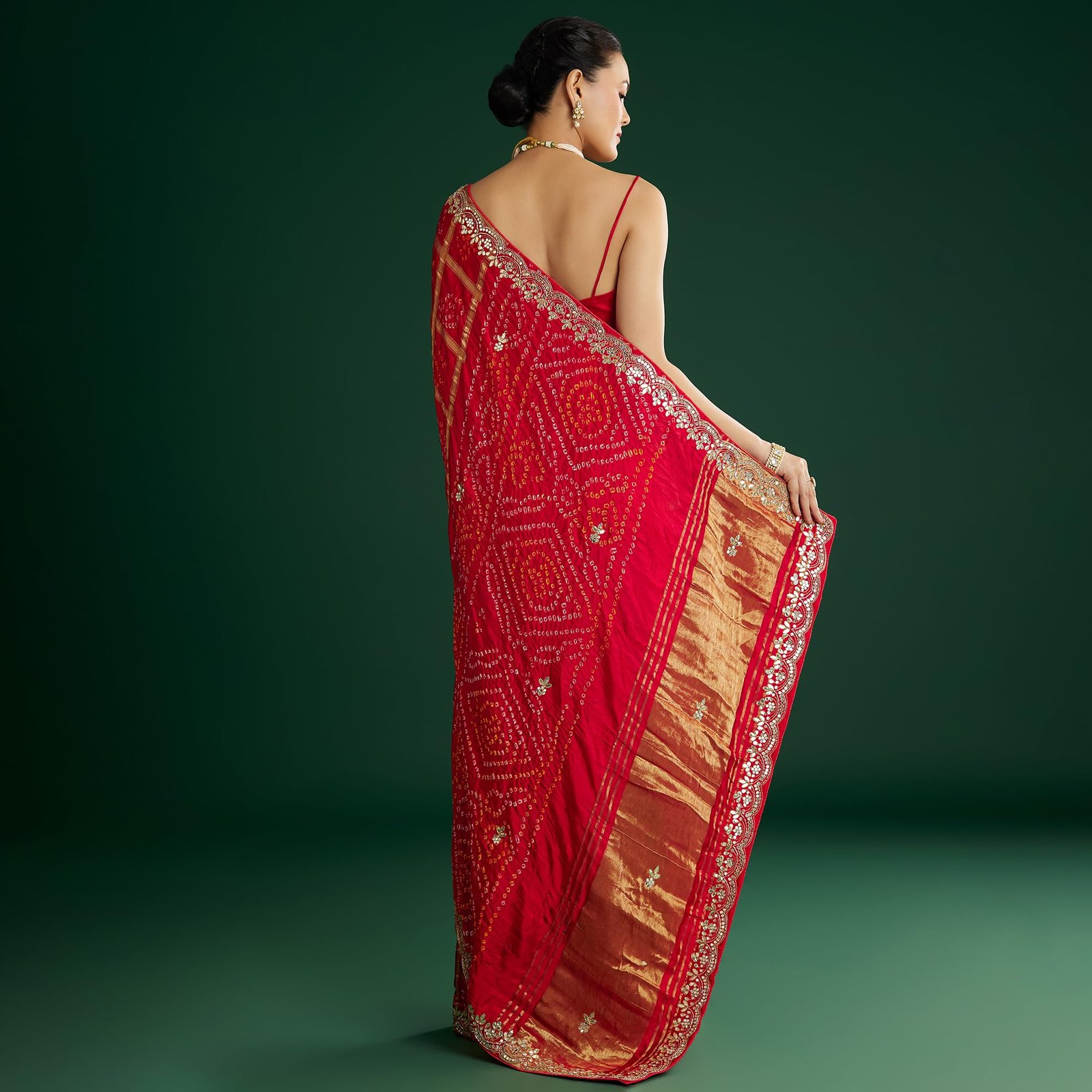 Fashion Red Bandhani Saree With Gota Work Satin sarees for women - Image 5