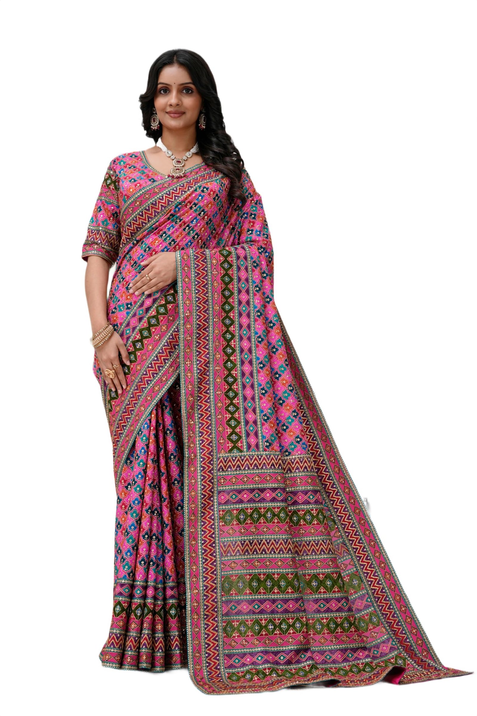 Women's Heavy Embroidered Silk Saree with Stitched Blouse