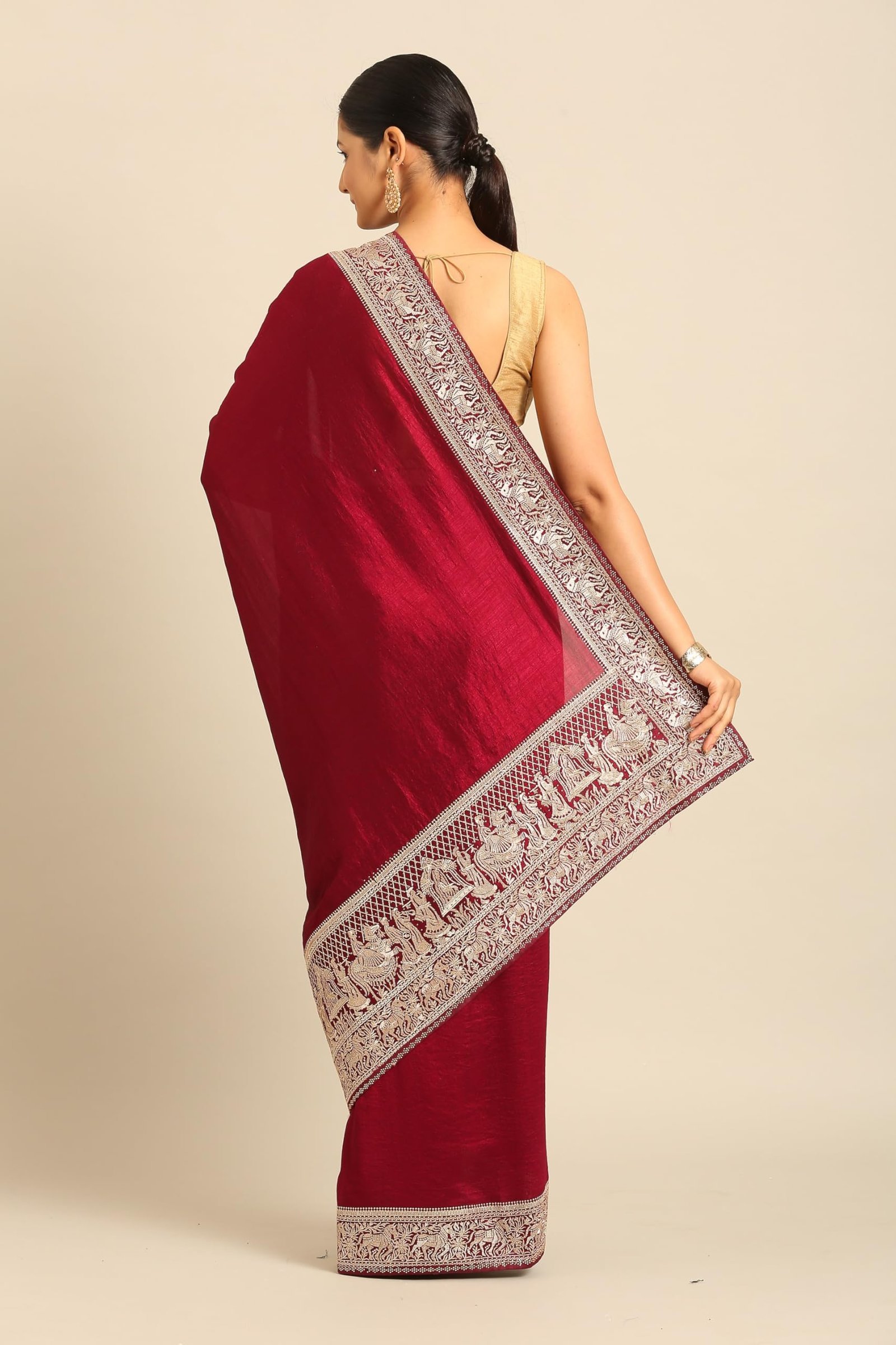 Women's Wine Chiffon Embroidered|Zari Saree - Image 2