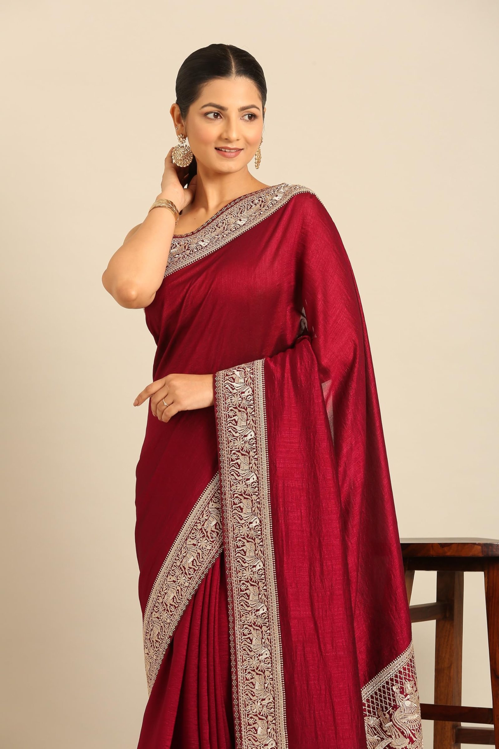 Women's Wine Chiffon Embroidered|Zari Saree - Image 6