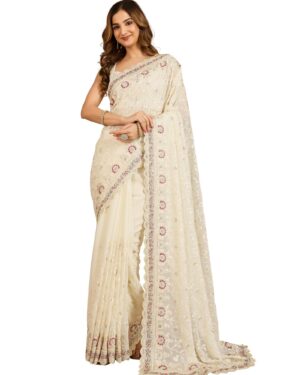 Women's Geogette Embroidery Zarkan Work Saree with Unstitched Blouse Piece (K1235-OffWhite)