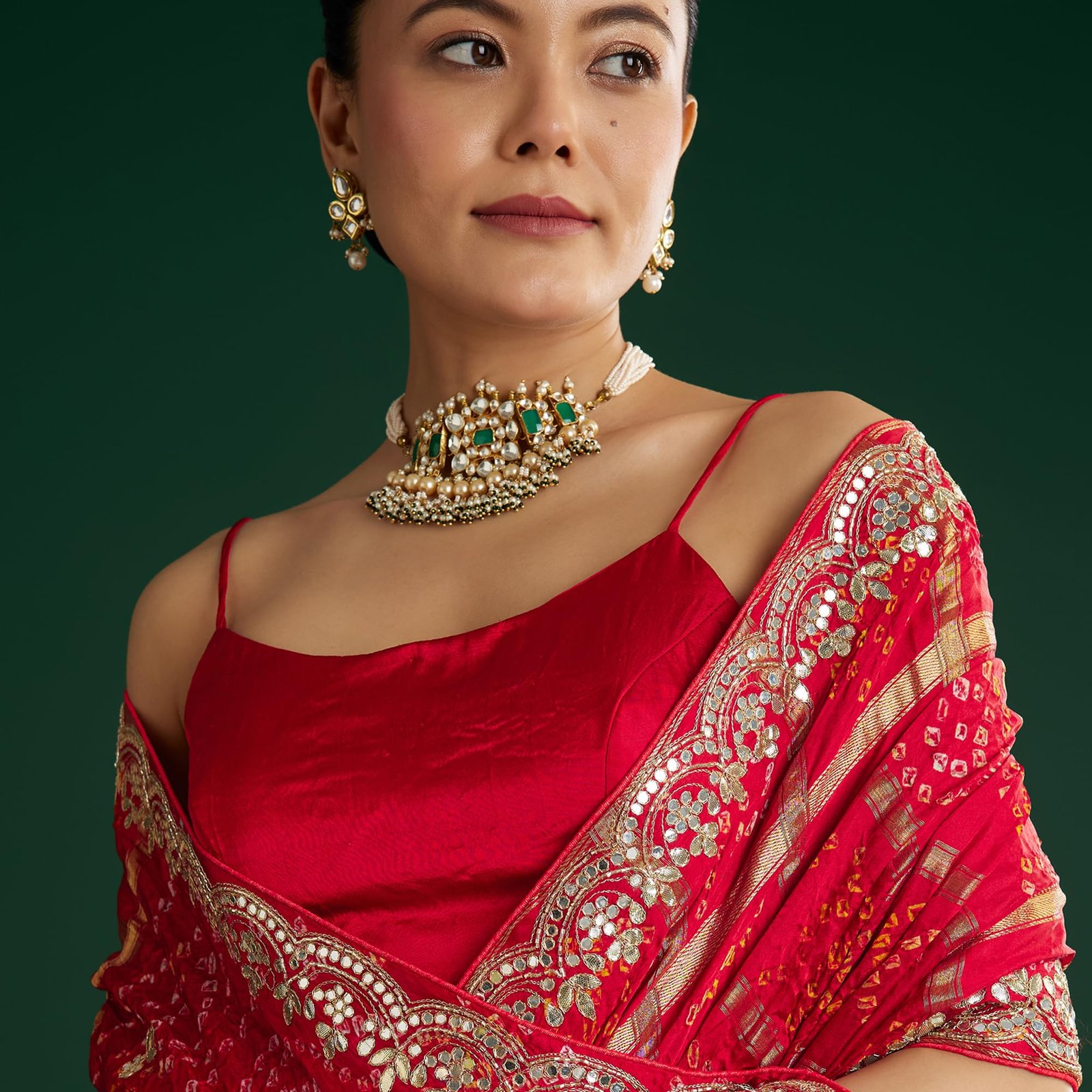 Fashion Red Bandhani Saree With Gota Work Satin sarees for women - Image 2