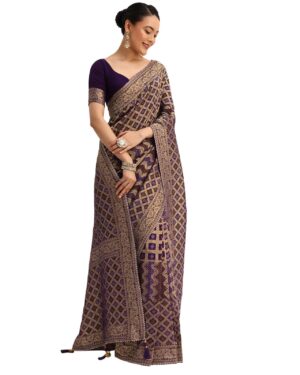 Fashion Purple Bandhani Tie Dye Ready To Wear Saree With Zari Jaal And Unstitched Blouse