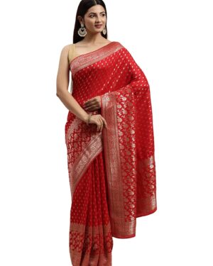 Women's Ethnic Saree, All Over Jaal, Border with Blouse Piece Traditional Womens Saree for Festival, Wedding, Party (Red)
