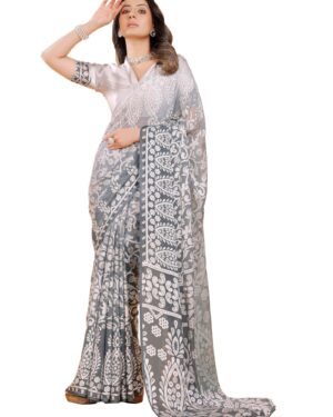 Women Viscose Brasso Floral Print Saree With Unstitched Blouse Piece 73440 - Grey