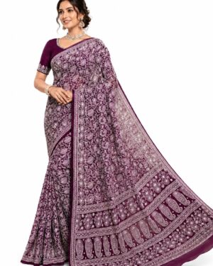 Georgette Chikan Saree in Wine Purple