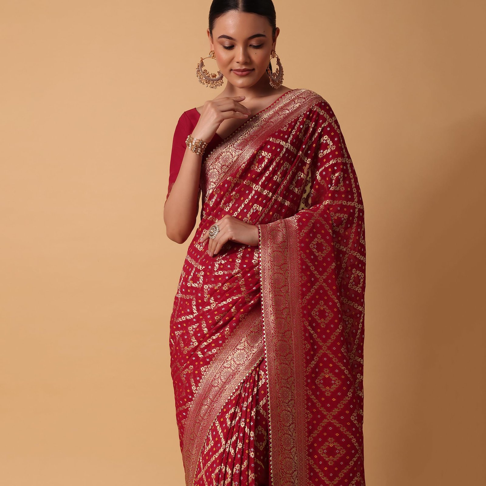 Fashion Red Banarasi Georgette Saree With Bandhani Weave And Unstitched Blouse Piece Georgette sarees for women Traditional Ethnic Wear Fashion Wear Wedding Collection - Image 2