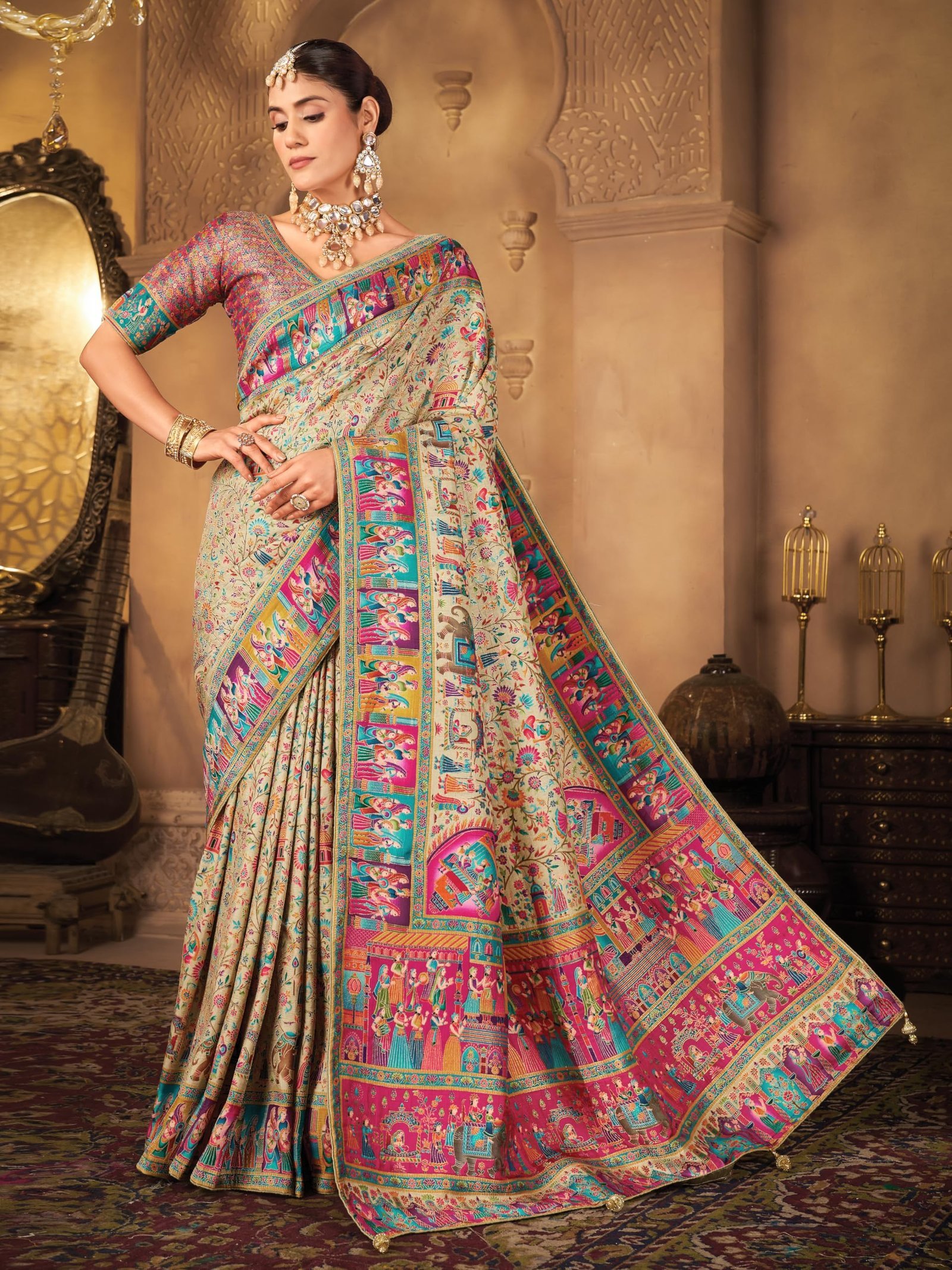 Women’s Luxurious Dola Pure Silk Original Saree Position Print Work Madhubani Inspired Motifs Banarasi Kanjivaramwill Style Saree With Blouse Piece (Elegant102_Pista) - Image 6