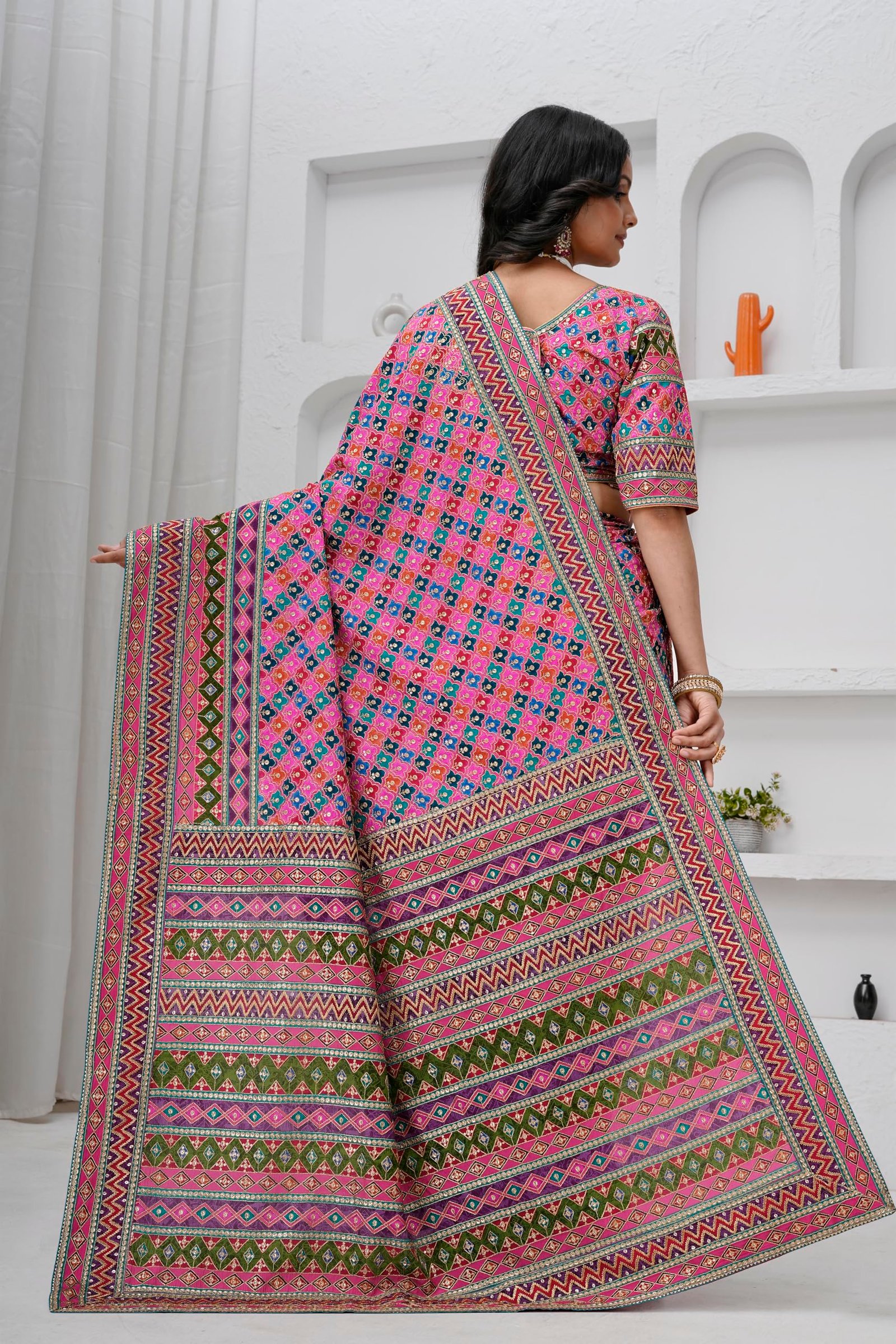 Women's Heavy Embroidered Silk Saree with Stitched Blouse - Image 7