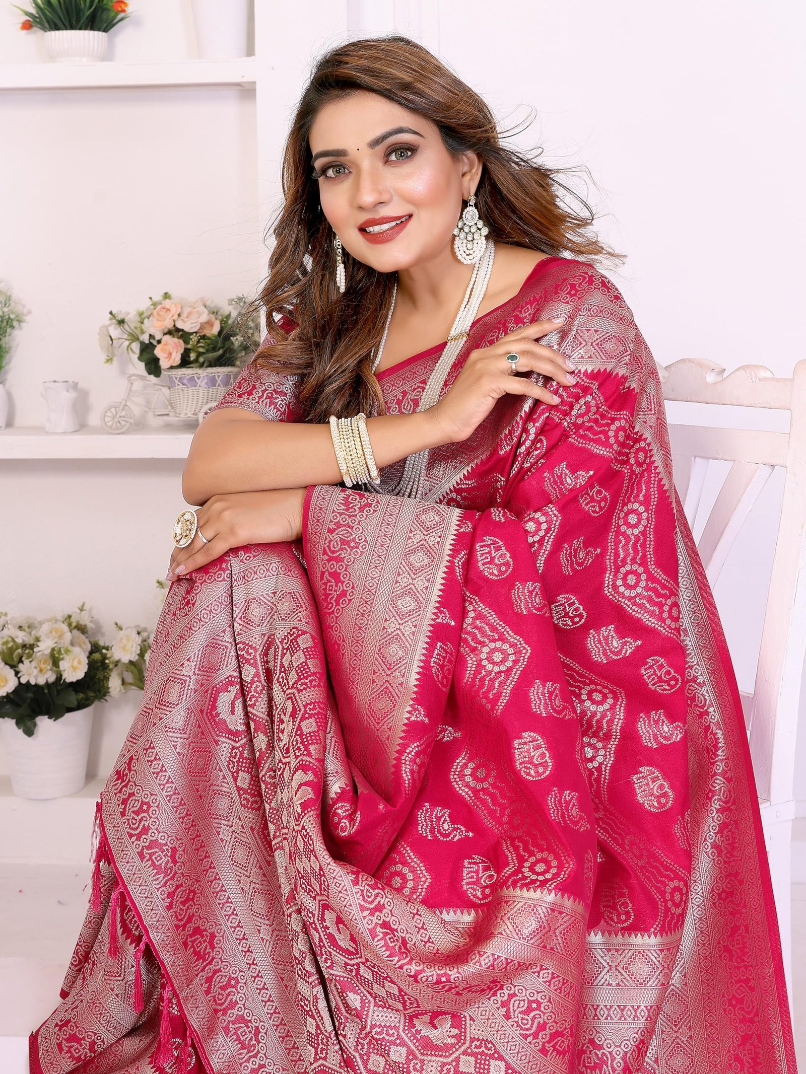 Women's Rani Pink Magenta Banarasi Art Silk Saree Traditional Bandhani Print Sari with Silver Zari Border and Unstitched Blouse Piece with Unstitched Blouse (10) - Image 4