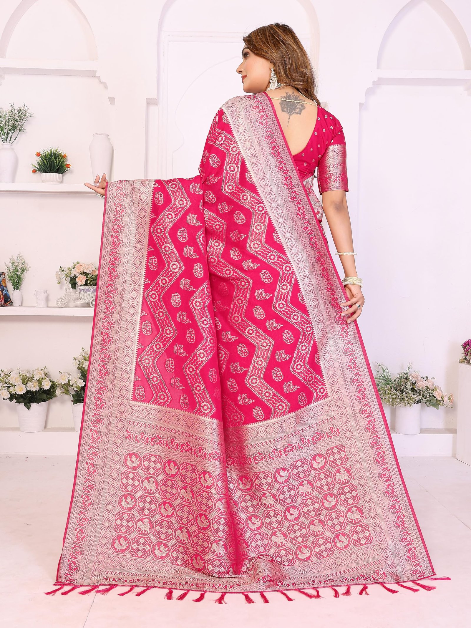 Women's Rani Pink Magenta Banarasi Art Silk Saree Traditional Bandhani Print Sari with Silver Zari Border and Unstitched Blouse Piece with Unstitched Blouse (10) - Image 2