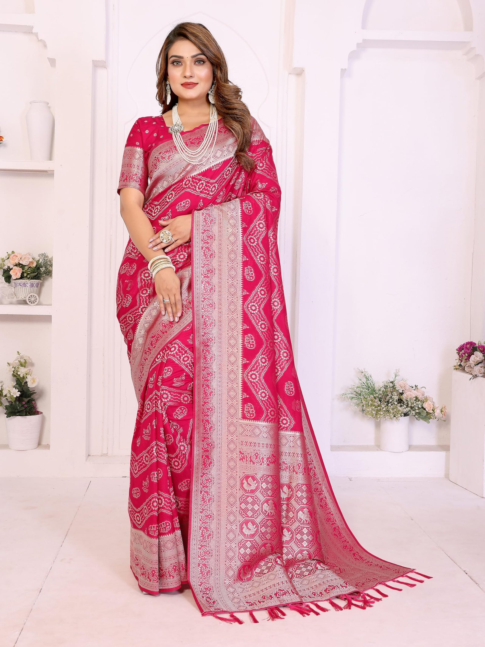 Women's Rani Pink Magenta Banarasi Art Silk Saree Traditional Bandhani Print Sari with Silver Zari Border and Unstitched Blouse Piece with Unstitched Blouse (10) - Image 3