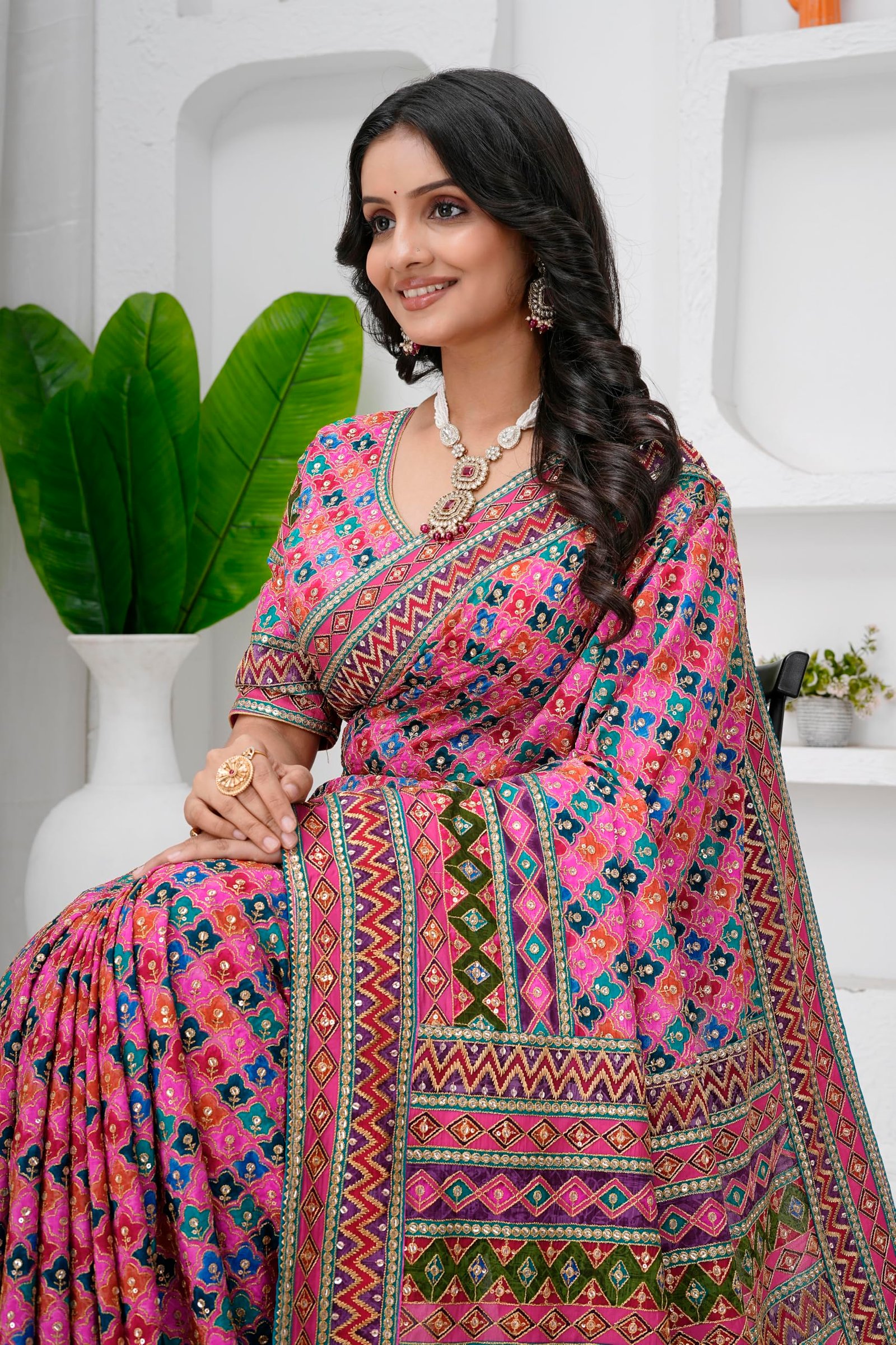 Women's Heavy Embroidered Silk Saree with Stitched Blouse - Image 4