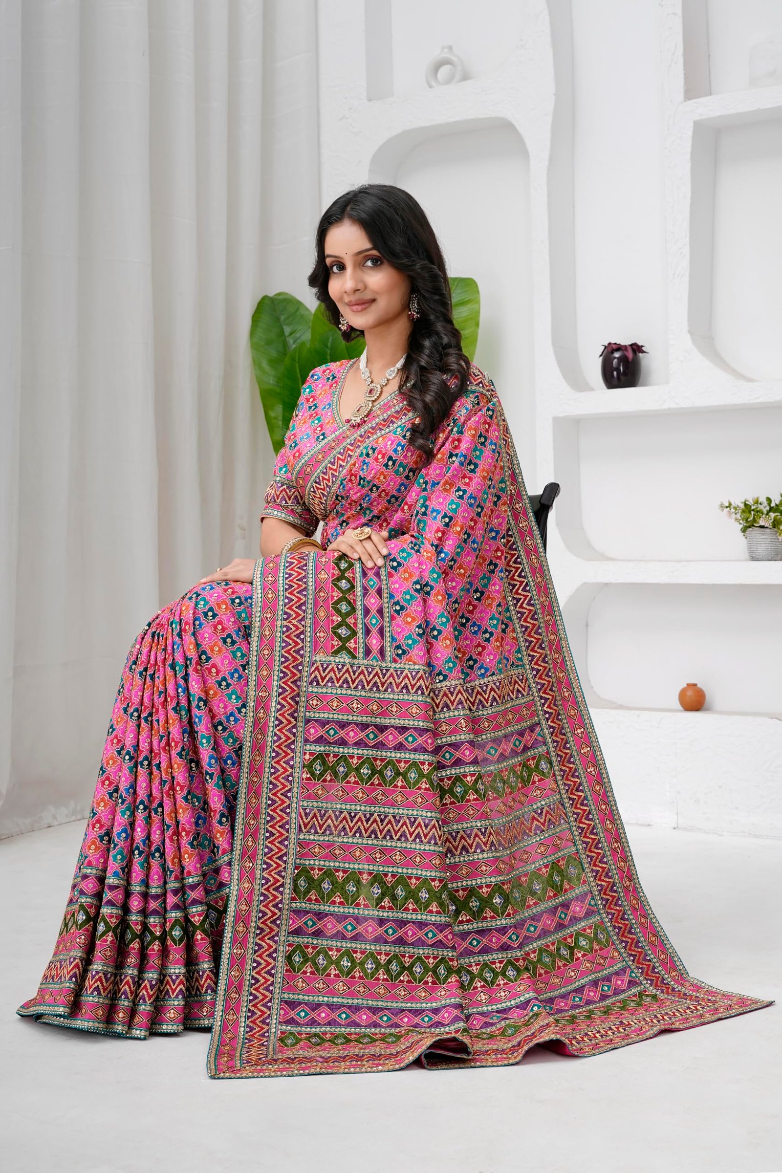 Women's Heavy Embroidered Silk Saree with Stitched Blouse - Image 3