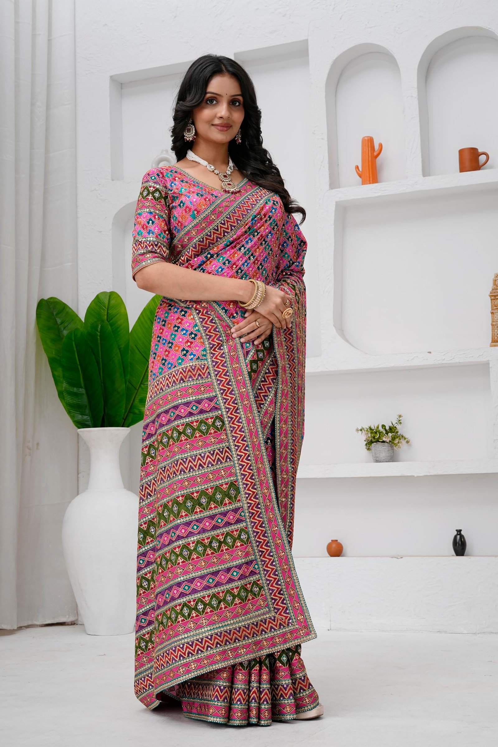 Women's Heavy Embroidered Silk Saree with Stitched Blouse - Image 2